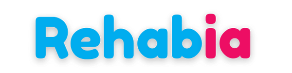 Rehabias logotyp med hjärta och en hand vid sidan av