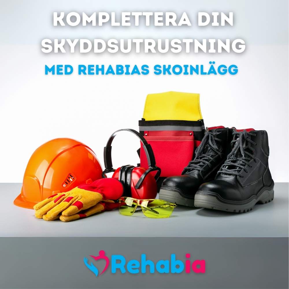 Skyddsskor och skyddsutrustning som visar hur Rehabias skoinlägg kan användas för ökad komfort under långa arbetsdagar.