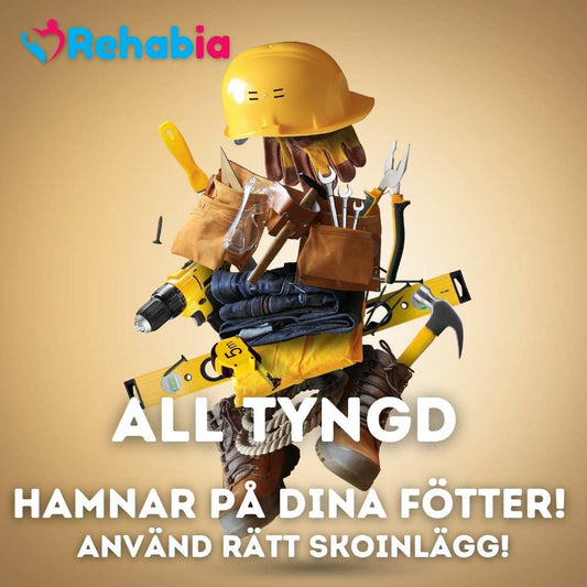 Arbetsutrustning och verktyg som illustrerar belastningen på fötterna under fysiskt arbete och behovet av stötdämpande skoinlägg.